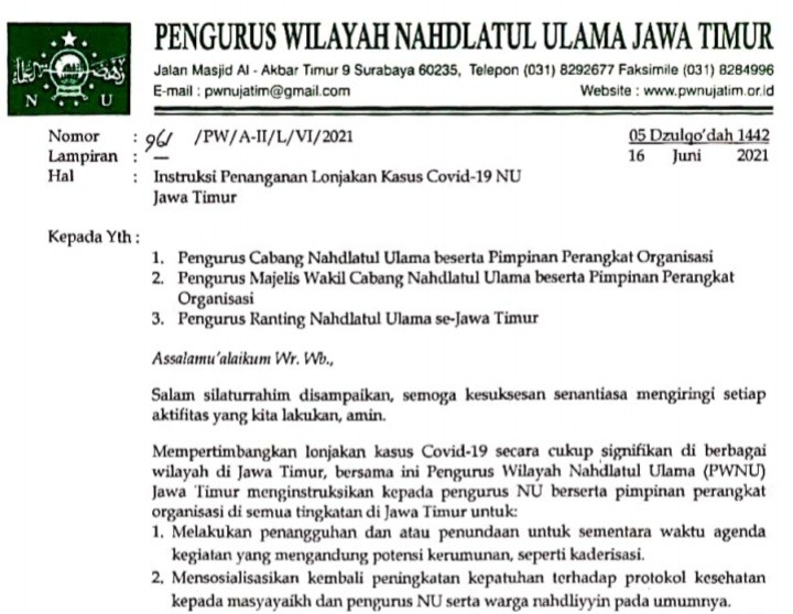 PWNU Jatim Intruksikan Penanganan Lonjakan Kasus Covid 19
