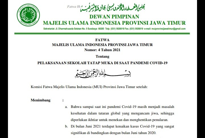 Covid 19 Tak Terkendali, MUI Jatim Fatwakan Pembelajaran secara Daring